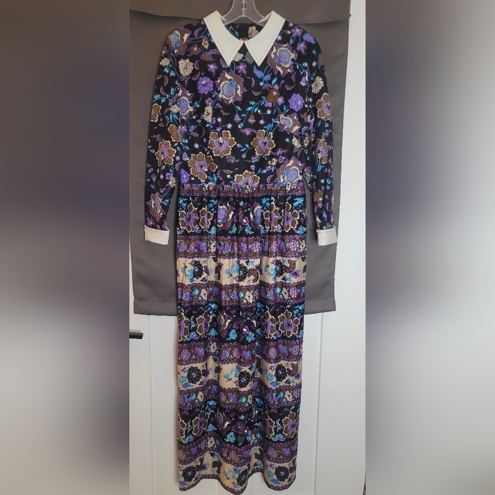Joan Curtis Vintage Maxi Dress Bright Floral Print Garden Party 70s - Picture 2 of 16